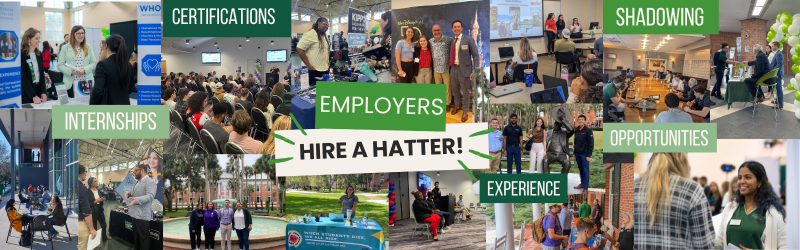 Collage of pictures, employers hiring a hatter for opportunities like internships